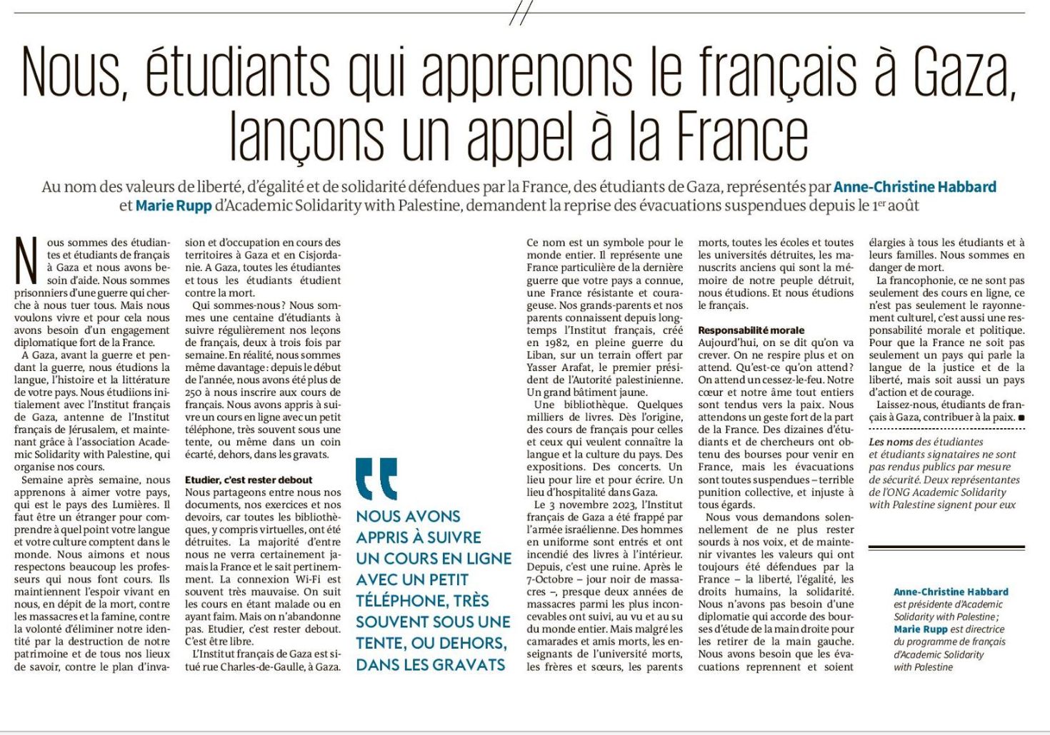 Nous, étudiants qui apprenons le français à  Gaza, lançons un appel à la France